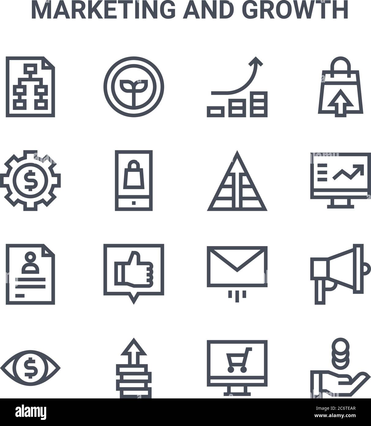 ensemble de 16 icônes de ligne vectorielle de concept de marketing et de croissance. icônes 64x64 à traits fins telles que croissance, équipement, ordinateur, e-mail, améliorer, argent, boutique en ligne, Illustration de Vecteur