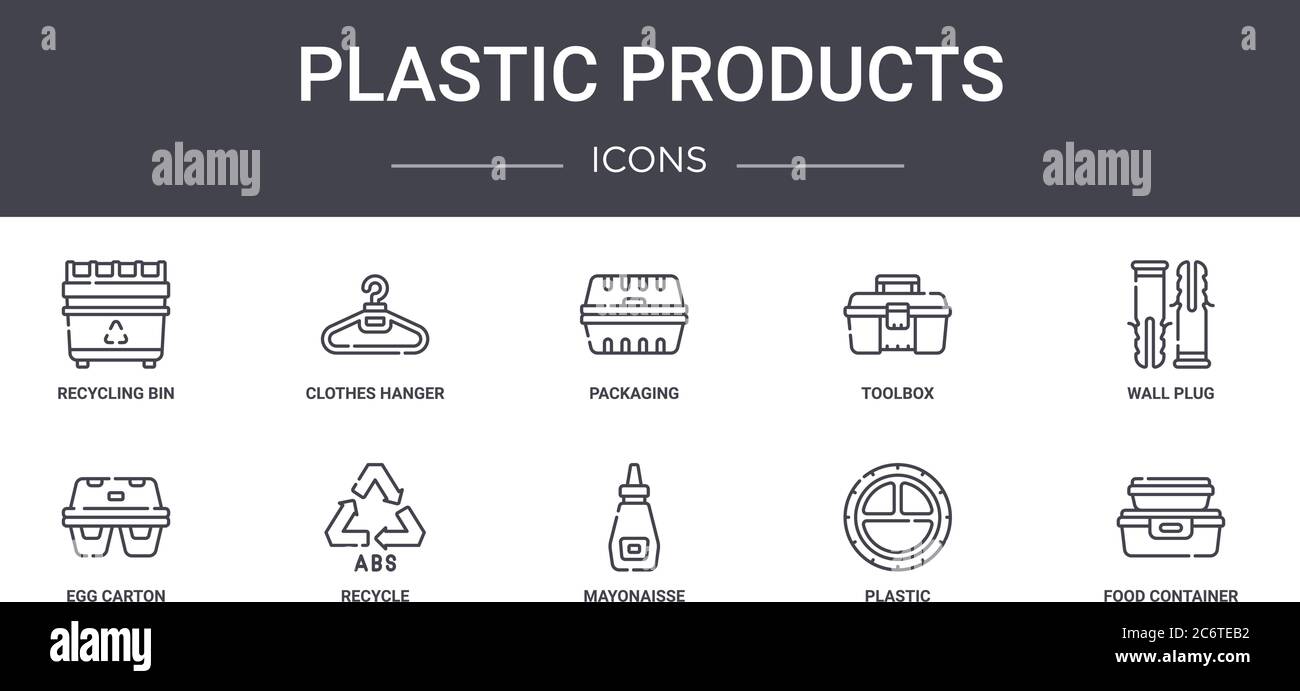 ensemble d'icônes de ligne de concept de produits en plastique. contient des icônes utilisables pour le web, le logo, l'interface utilisateur/ux tels que cintre à vêtements, boîte à outils, boîte à œufs, mayonnaise, plastique, Illustration de Vecteur