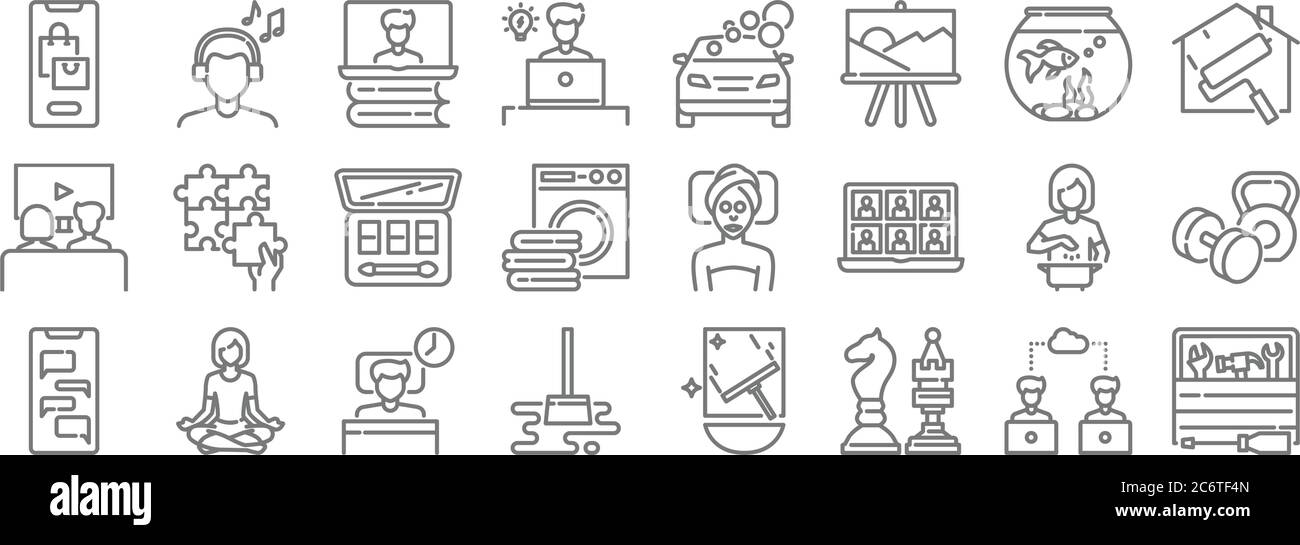 restez à la maison pour les icônes de ligne de quarantaine. set linéaire. set de ligne de vecteur de qualité comme boîte à outils, échecs, nettoyage mop, chat, cuisine, cosmétiques, peinture Illustration de Vecteur