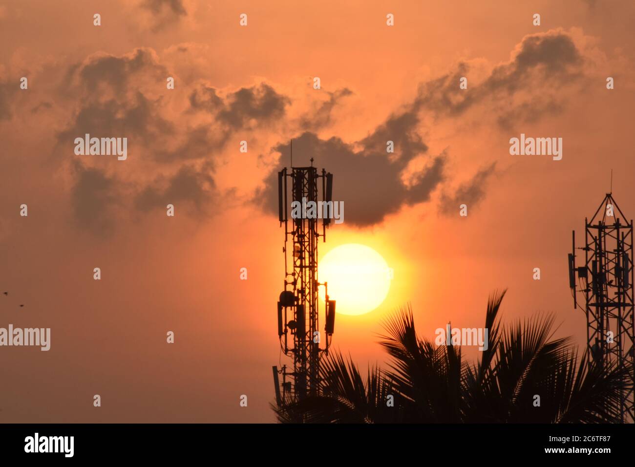 Coucher de soleil rouge dans la soirée calme, Tour, arbres et nuages. En inde, chennai. Banque D'Images