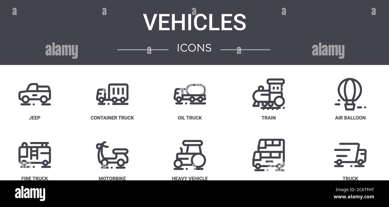 ensemble d'icônes de ligne de concept de véhicules. contient des icônes utilisables pour le web, le logo, ui/ux tels que le camion de conteneur, train, camion d'incendie, véhicule lourd, camion, air ba Illustration de Vecteur