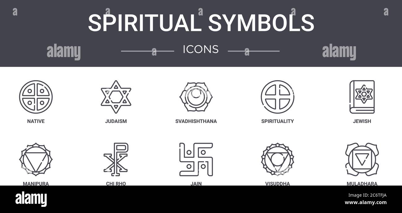 symboles spirituels concept ligne icônes ensemble. contient des icônes utilisables pour le web, le logo, ui/ux tels que le judaïsme, la spiritualité, la manipura, jain, visuddha, muladhar Illustration de Vecteur