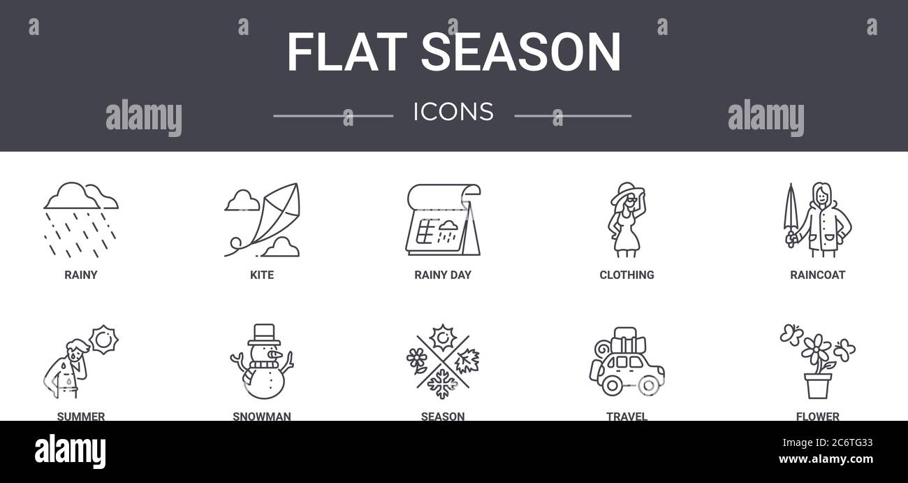 jeu d'icônes de ligne de concept de saison plate. contient des icônes utilisables pour le web, le logo, ui/ux tels que le cerf-volant, les vêtements, l'été, la saison, le voyage, la fleur, l'imperméable, la pluie Illustration de Vecteur