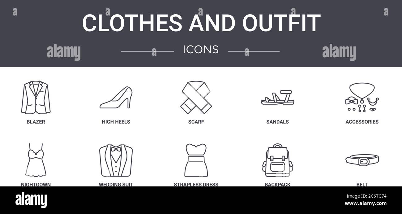 ensemble de vêtements et de vêtements concept line icons. contient des  icônes utilisables pour le web, le logo, ui/ux tels que les talons hauts,  les sandales, la chemise de nuit, la robe