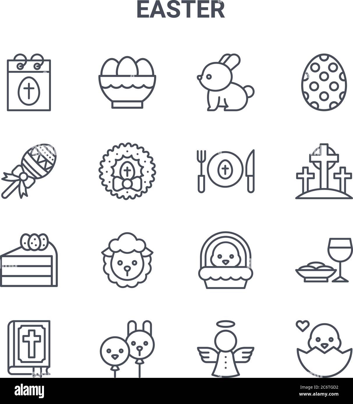 ensemble de 16 icônes de ligne vectorielle de concept pâques. icônes 64x64 à trait fin telles que l'oeuf de pâques, le lolipop, la croix, le poussin, les ballons, le poussin, l'ange, la nourriture, pâques e Illustration de Vecteur