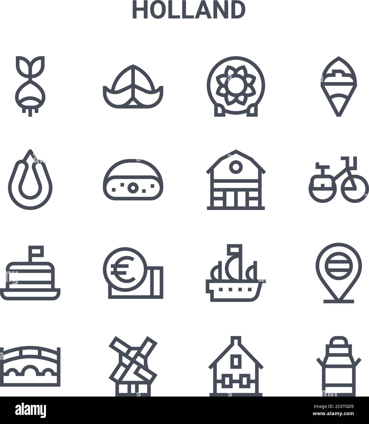 jeu de 16 icônes de ligne vectorielle de concept holland. icônes 64x64 à trait fin telles que chapeau, rookpire, vélo, bateau, moulin à vent, laiteux, maison, grange, frites Illustration de Vecteur