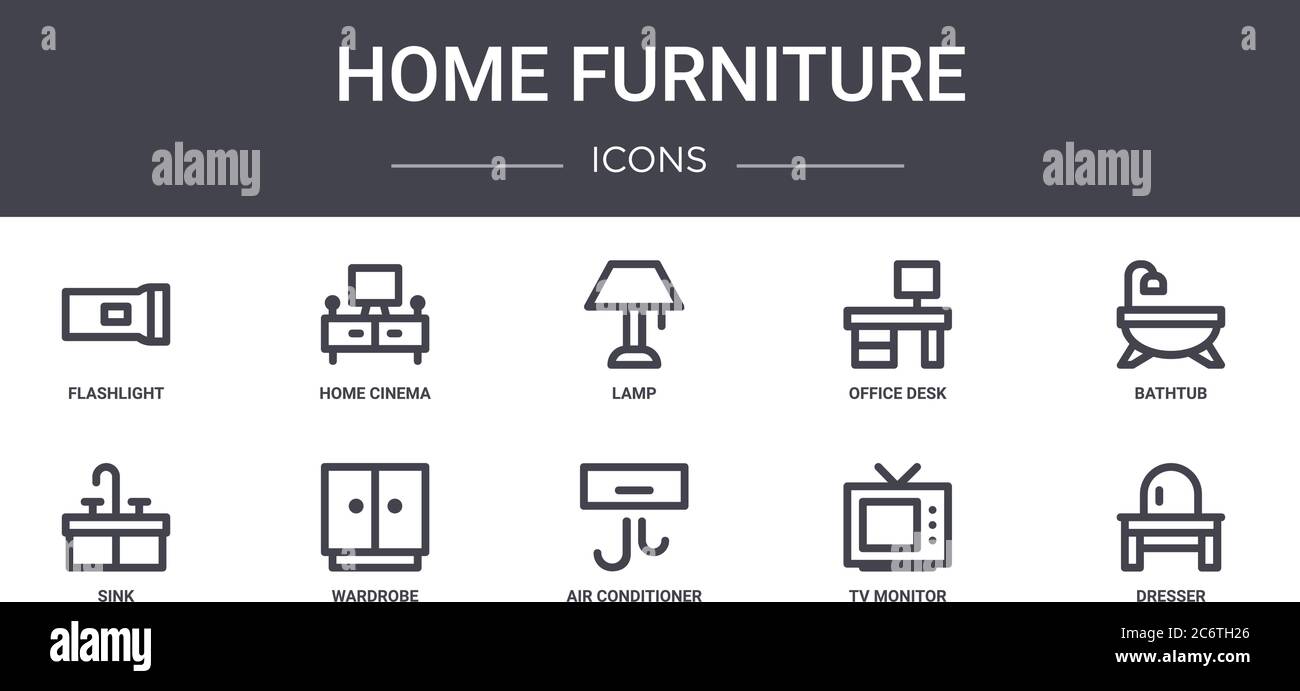 ensemble d'icônes de concept de mobilier de maison. contient des icônes utilisables pour le web, le logo, l'interface utilisateur/ux comme le home cinema, le bureau, l'évier, la climatisation, le moniteur tv, Illustration de Vecteur