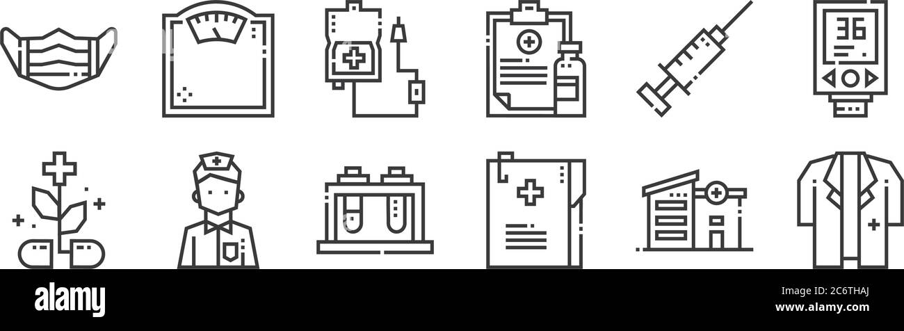 12 icônes linéaires de services médicaux. icônes de contour mince telles que le manteau de médecin, les dossiers médicaux, l'infirmière masculine, la seringue, la perfusion, la balance pour le web, Illustration de Vecteur