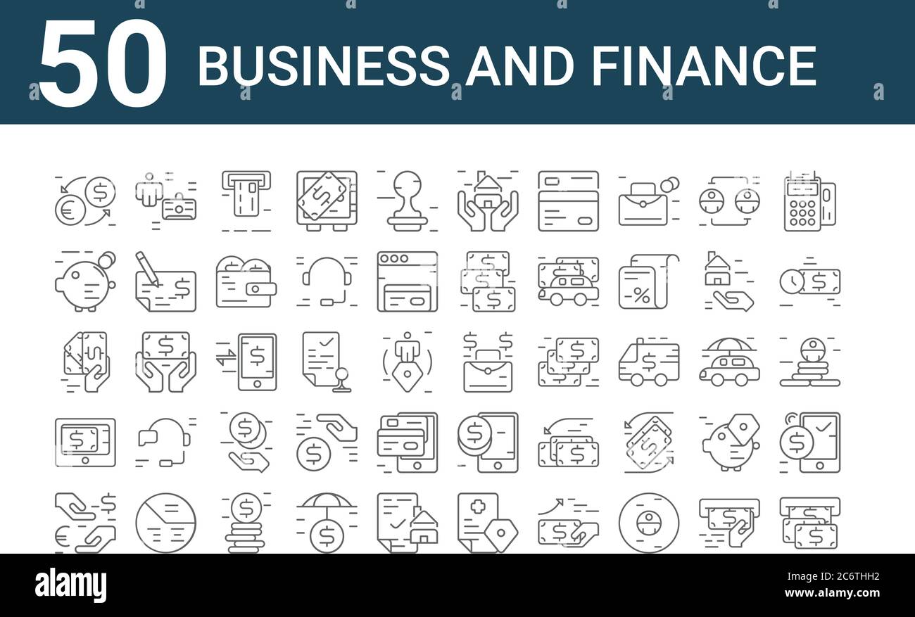 ensemble de 50 icônes d'affaires et de finances. contour des icônes de ligne mince telles que l'argent, le change d'argent, la passerelle de paiement, la paye, la banque de porc, le gestionnaire, sac d'argent, le cdm Illustration de Vecteur