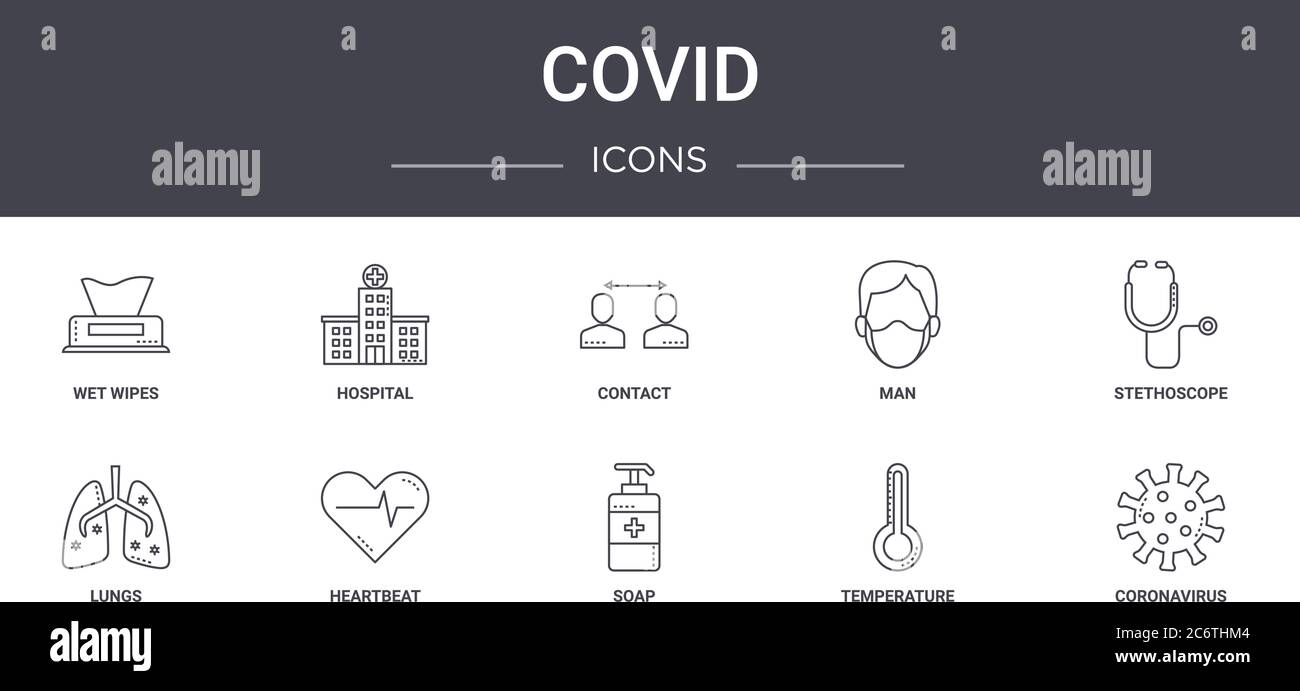 ensemble d'icônes de la ligne de concept covid. contient des icônes utilisables pour le web, le logo, l'interface utilisateur/ux comme l'hôpital, l'homme, les poumons, le savon, la température, le coronavirus, le stéthoscope, co Illustration de Vecteur