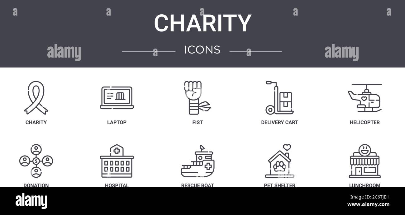 ensemble d'icônes de ligne de concept de charité. contient des icônes utilisables pour le web, le logo, l'interface utilisateur/ux comme un ordinateur portable, un chariot de livraison, un don, un bateau de sauvetage, un abri pour animaux, un lunchroo Illustration de Vecteur