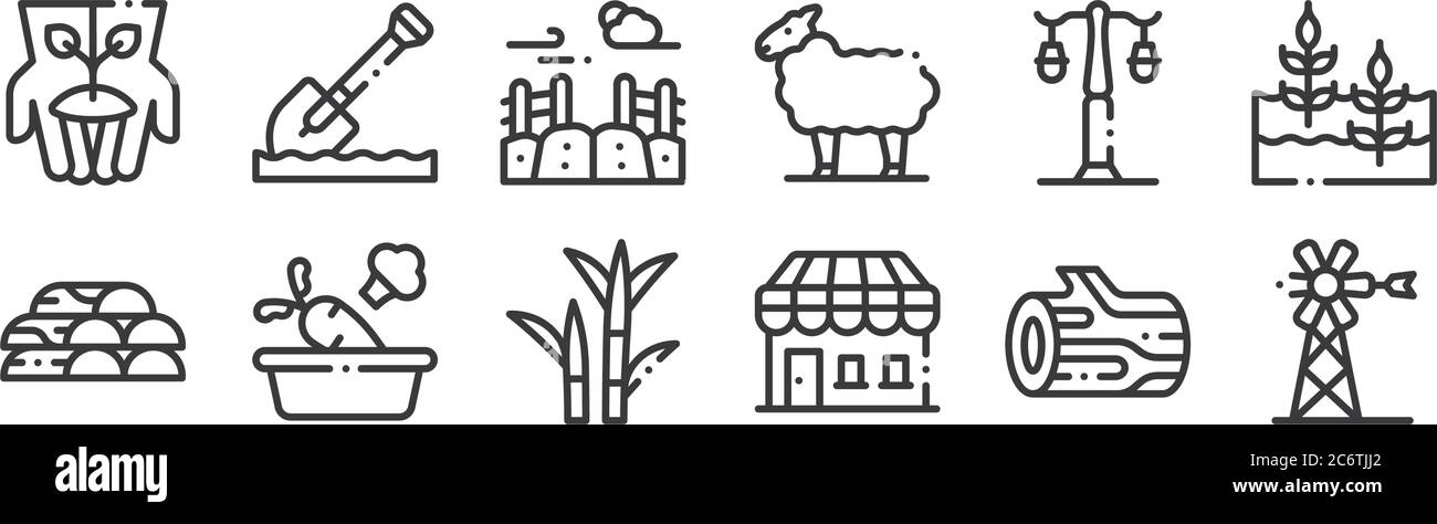 12 ensemble de linéaires dans les icônes de village. icônes de contour mince telles que le moulin à vent, magasin, légumes, feu de rue, champ, pelle pour le web, mobile Illustration de Vecteur