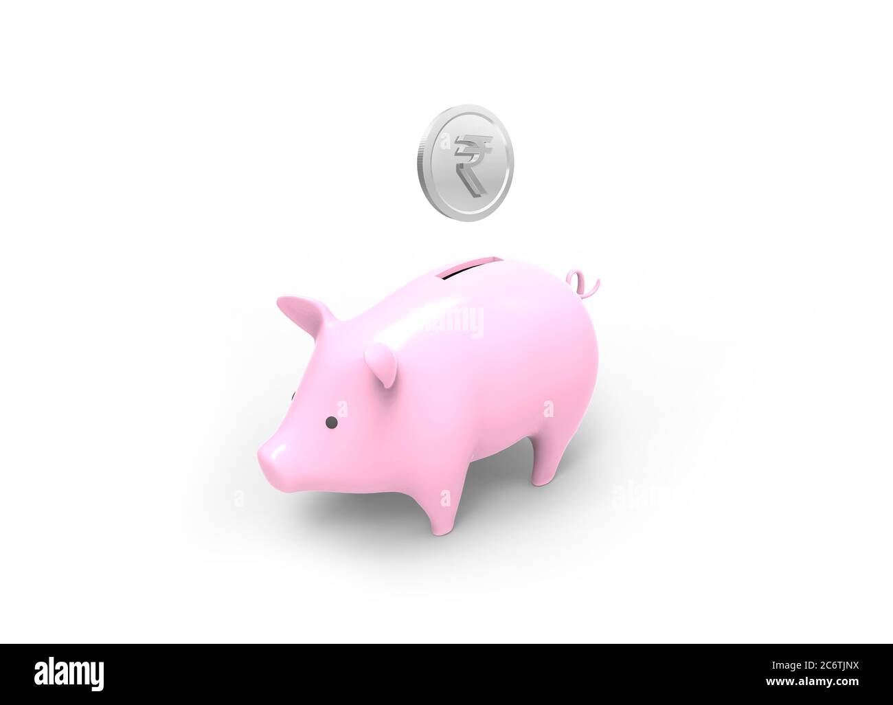 Image 3D des économies réalisées grâce à la banque Piggy avec le symbole Rupee sur la pièce d'argent Banque D'Images