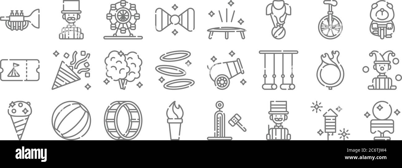 lignes de cirque. ensemble linéaire. lignes vectorielles de qualité telles que boule de cristal, magicien, torche, crème glacée, anneau de feu, bonbons de coton, ours, trampoline, Illustration de Vecteur