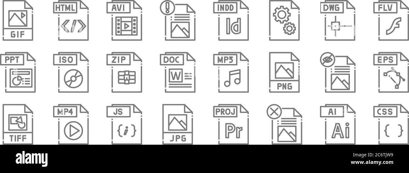 icônes de ligne de type de fichier. set linéaire. jeu de lignes de vecteur de qualité tel que fichier css, fichier, jpg tiff, zip flv indd html Illustration de Vecteur