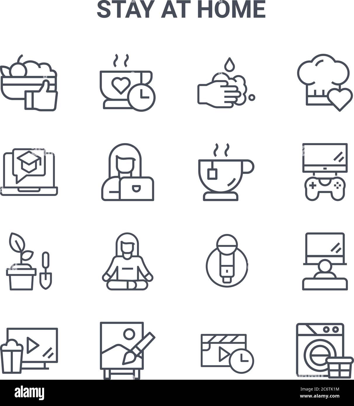 ensemble de 16 icônes de lignes vectorielles de concept stay at home. icônes 64x64 à traits fins telles que le temps du café, l'éducation en ligne, le jeu de jeux vidéo, le karaoké, la peinture, wa Illustration de Vecteur