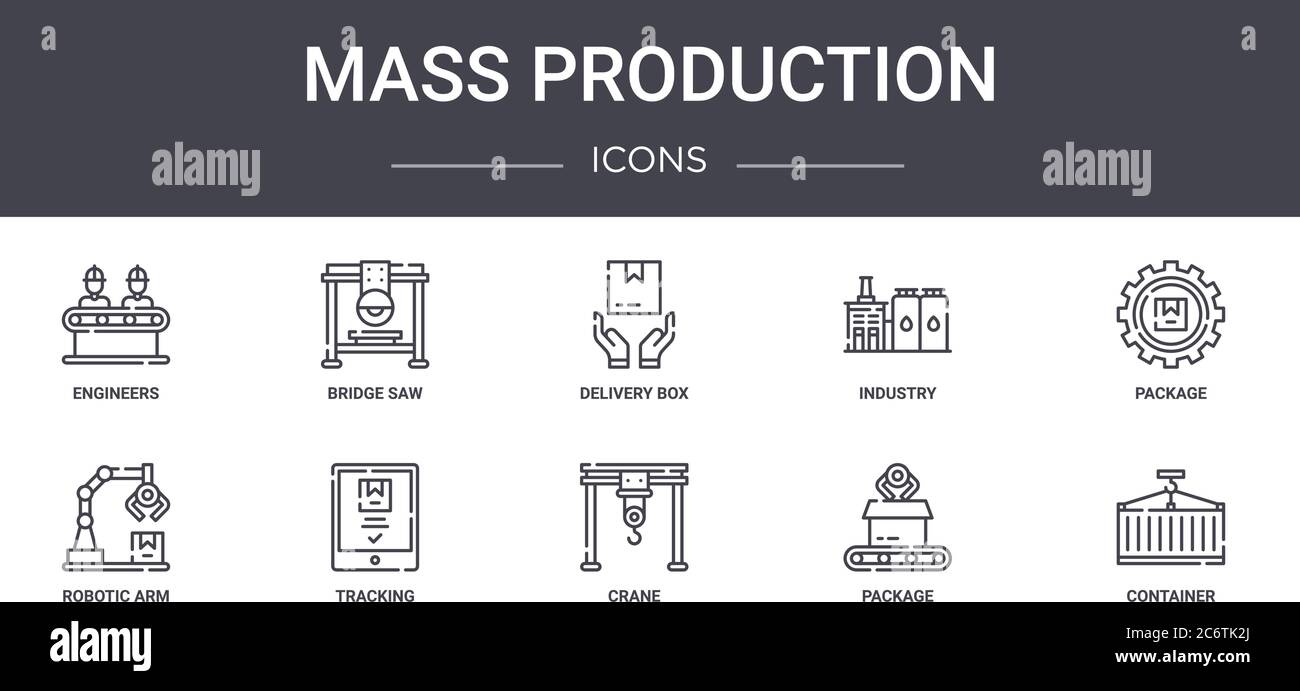 ensemble d'icônes de ligne de concept de production de masse. contient des icônes utilisables pour le web, le logo, l'interface utilisateur/ux comme la scie à pont, l'industrie, le bras robotique, la grue, le paquet, la containe Illustration de Vecteur