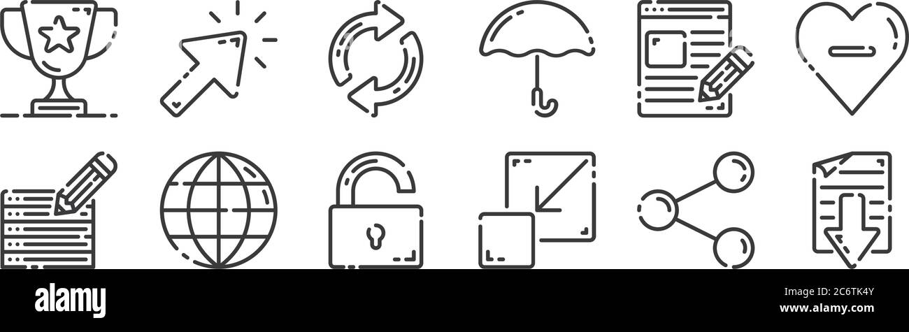 12 ensemble d'icônes d'interface utilisateur linéaire. icônes de contour mince telles que document, quitter le plein écran, globe, blog, actualiser, curseur pour le web, mobile Illustration de Vecteur