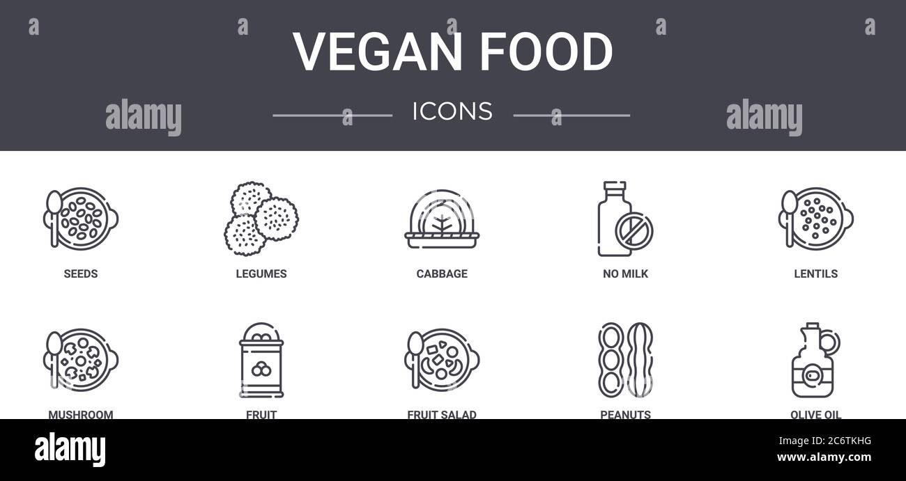 ensemble d'icônes de la ligne de concept alimentaire vegan. contient des icônes utilisables pour le web, le logo, ui/ux tels que les légumineuses, pas de lait, champignons, salade de fruits, arachides, huile d'olive, len Illustration de Vecteur