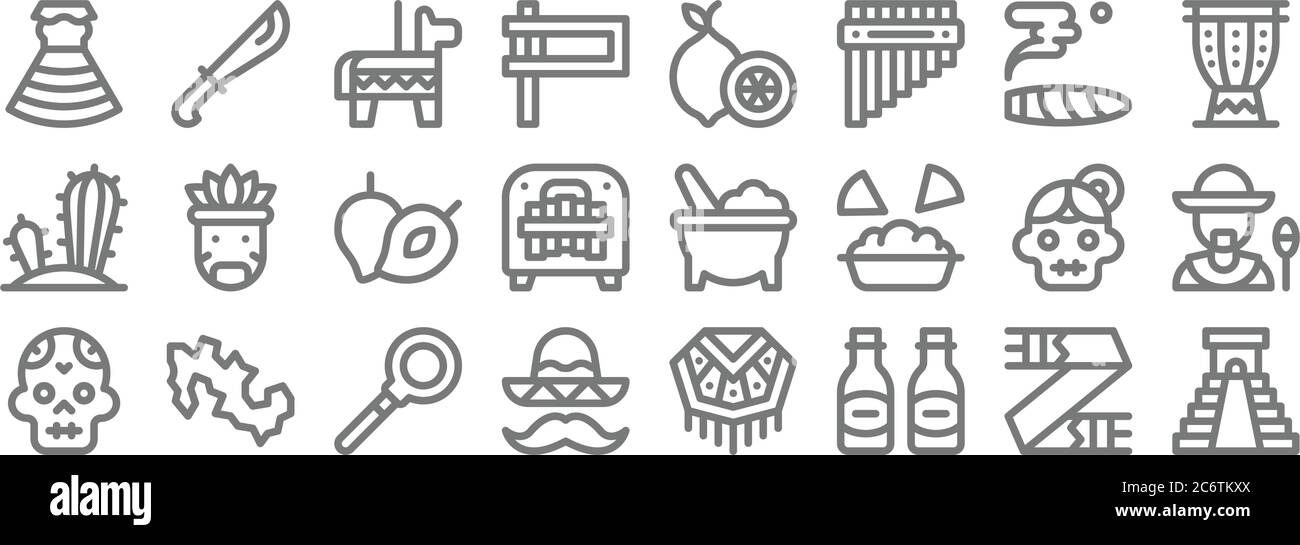 icônes de la ligne du mexique. set linéaire. ensemble de lignes vectorielles de qualité telles que chichen itza pyramide, bières, chapeau mexicain, crâne, catrina, zapote, tambour, lime, machette Illustration de Vecteur