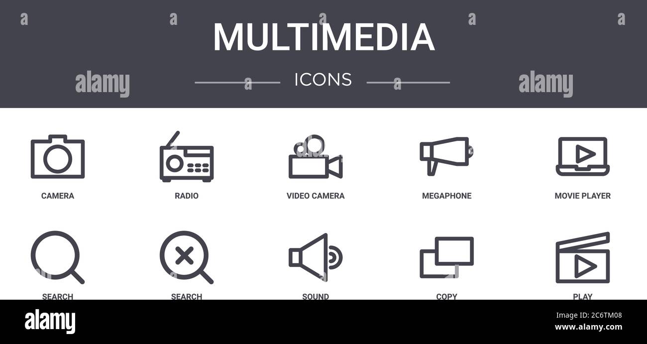 ensemble d'icônes de ligne de concept multimédia. contient des icônes utilisables pour le web, le logo, l'interface utilisateur/ux comme la radio, le mégaphone, la recherche, le son, la copie, la lecture, le lecteur de film, la vidéo Illustration de Vecteur