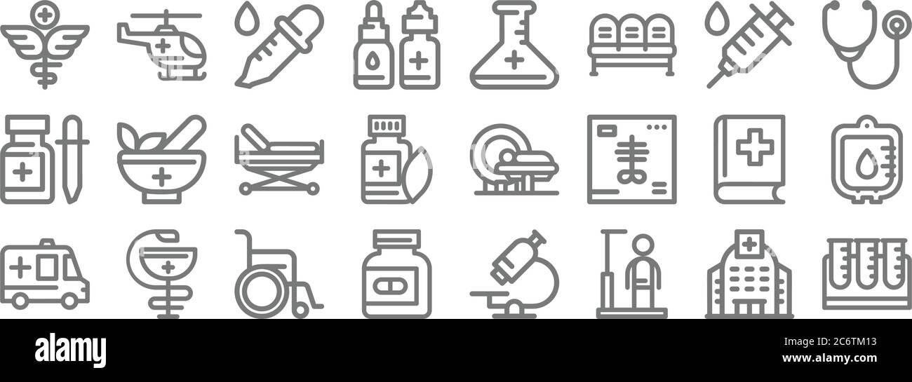 icônes de ligne d'outils médicaux. set linéaire. ensemble de ligne de vecteur de qualité comme tube à essai, hauteur, bouteille de pilules, ambulance, livre médical, civière, phonendosco Illustration de Vecteur