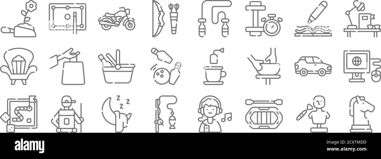 icônes de temps libre. set linéaire. ensemble de lignes vectorielles de qualité telles que cheval, rafting, pêche, jeu de société, voiture, panier de pique-nique, étude, corde à sauter, billi Illustration de Vecteur