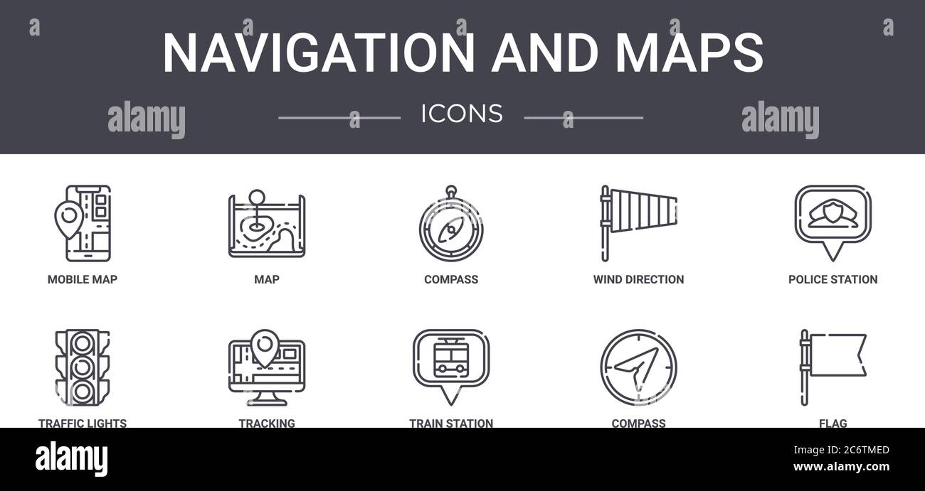 ensemble d'icônes de ligne de concept de navigation et de cartes. contient des icônes utilisables pour le web, le logo, l'interface utilisateur/ux, telles que la carte, la direction du vent, les feux de circulation, la gare, com Illustration de Vecteur