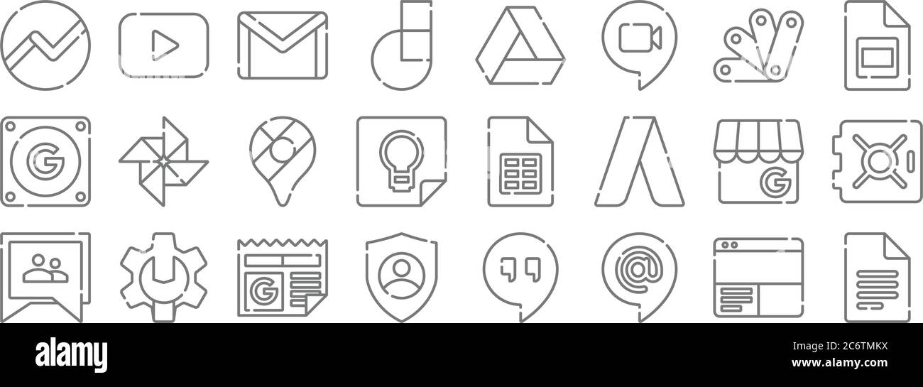 icônes de ligne de suite google. set linéaire. ensemble de lignes de vecteur de qualité telles que google docs, google, groupe, cartes, lecteur, youtube Illustration de Vecteur