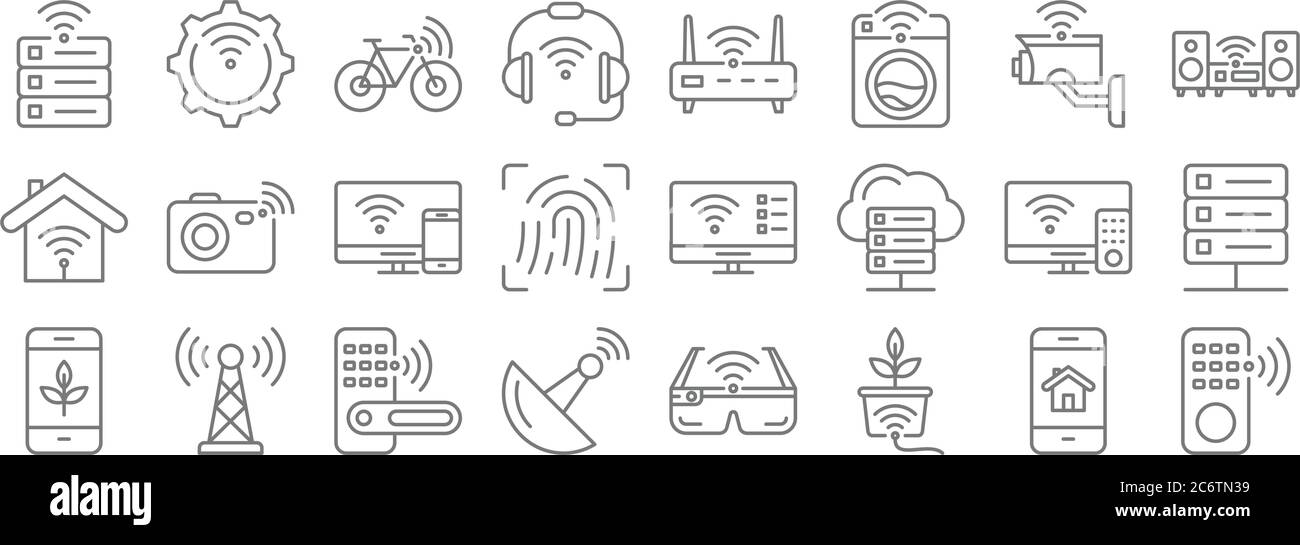 icônes de ligne internet des objets. set linéaire. ensemble de lignes vectorielles de qualité telles que télécommande, ferme intelligente, antenne, smartphone, smart tv, smart tv, hifi, Illustration de Vecteur
