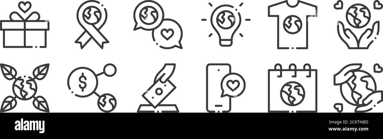 12 ensembles d'icônes d'amour du monde linéaire. icônes de contour mince telles que sauver le monde, message d'amour, connexion, t shirt, parler, ruban pour le web, mobile Illustration de Vecteur