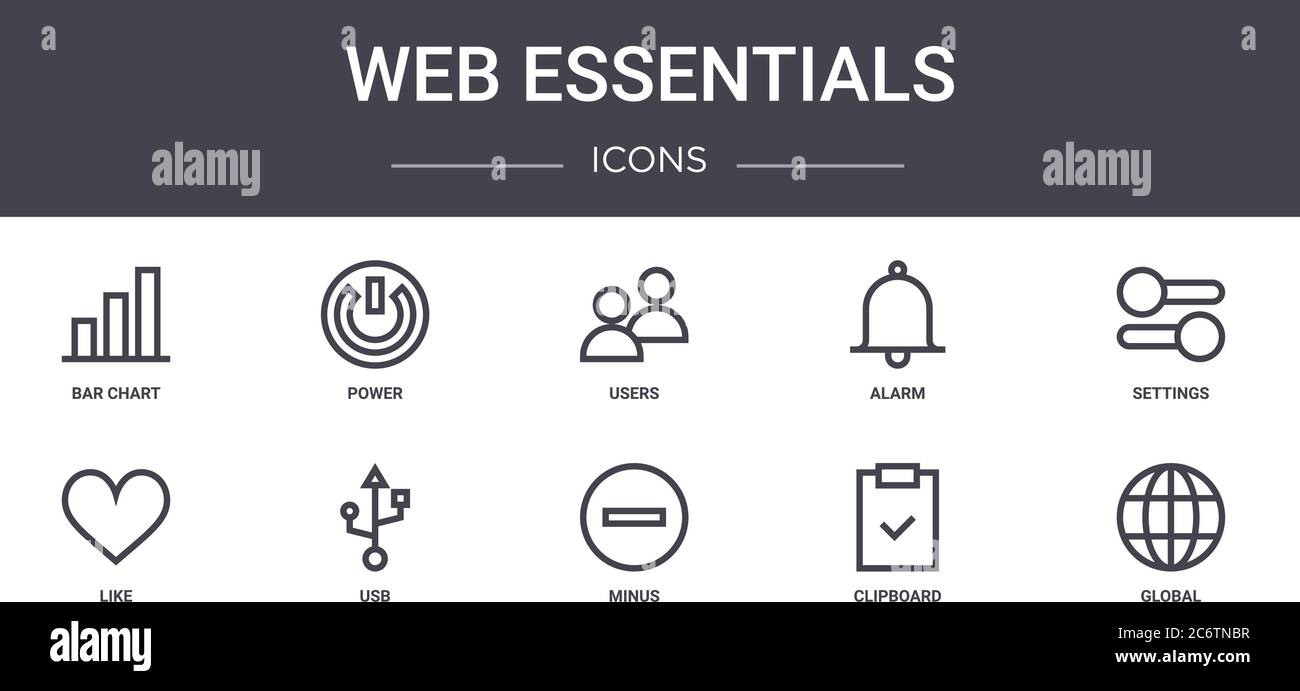 ensemble d'icônes de ligne de concept web essentials. contient des icônes utilisables pour le web, le logo, l'interface utilisateur/ux telles que l'alimentation, l'alarme, comme, moins, presse-papiers, global, paramètres, utilisateur Illustration de Vecteur