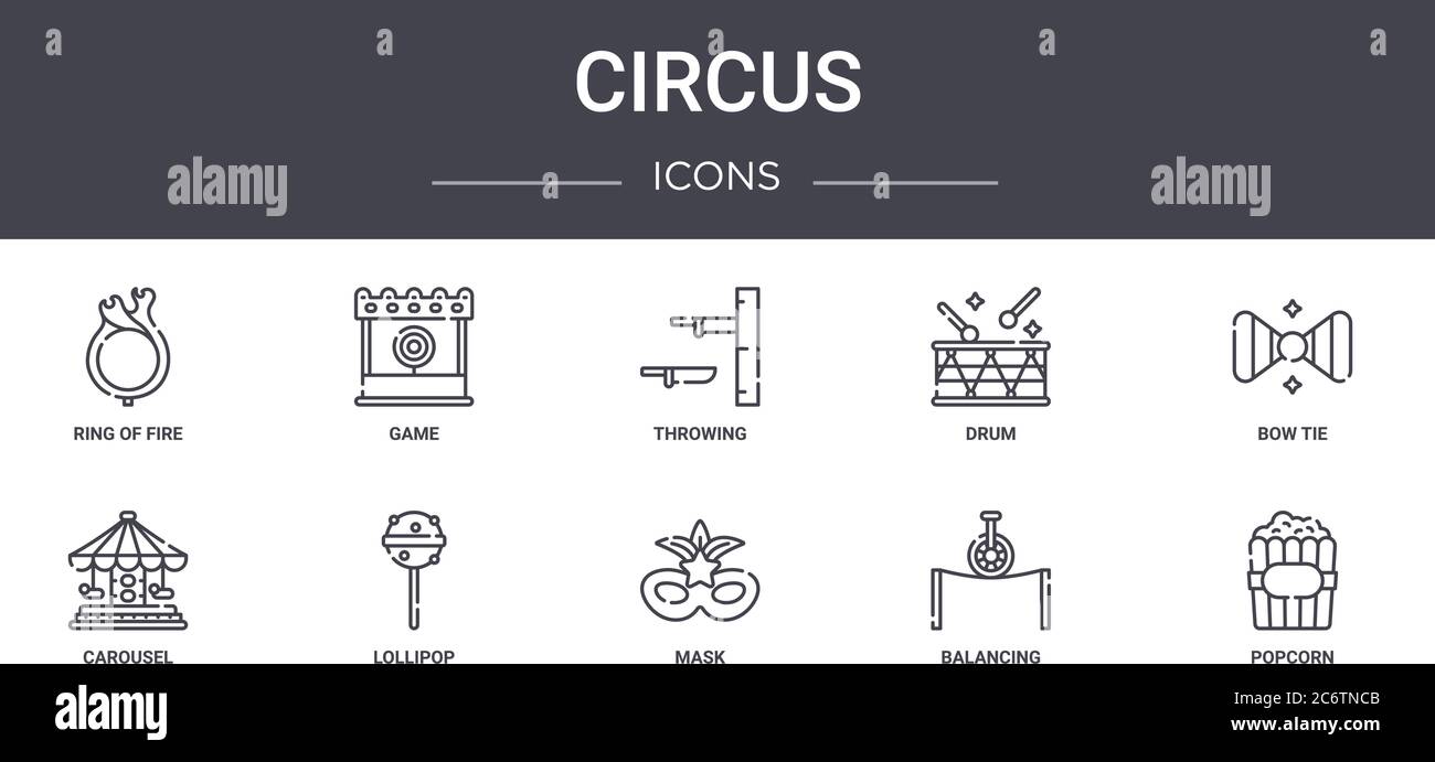 ensemble d'icônes de ligne de concept de cirque. contient des icônes utilisables pour le web, le logo, l'interface utilisateur/ux comme le jeu, le tambour, le carrousel, le masque, l'équilibrage, le pop-corn, l'arc de cravate, le lancement Illustration de Vecteur