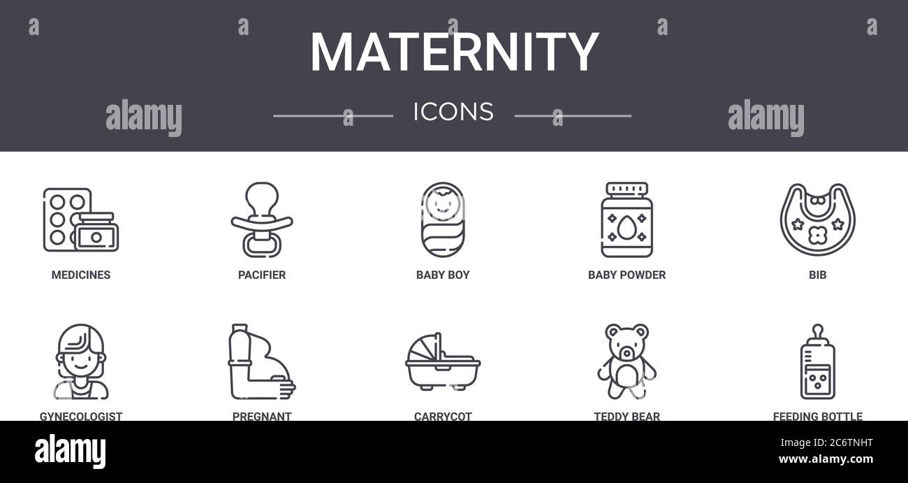 jeu d'icônes de la ligne de concept de maternité. contient des icônes utilisables pour le web, le logo, l'interface utilisateur/ux telles que la sucette, la poudre pour bébé, le gynécologue, le lit de bébé, l'ours en peluche, la feedin Illustration de Vecteur