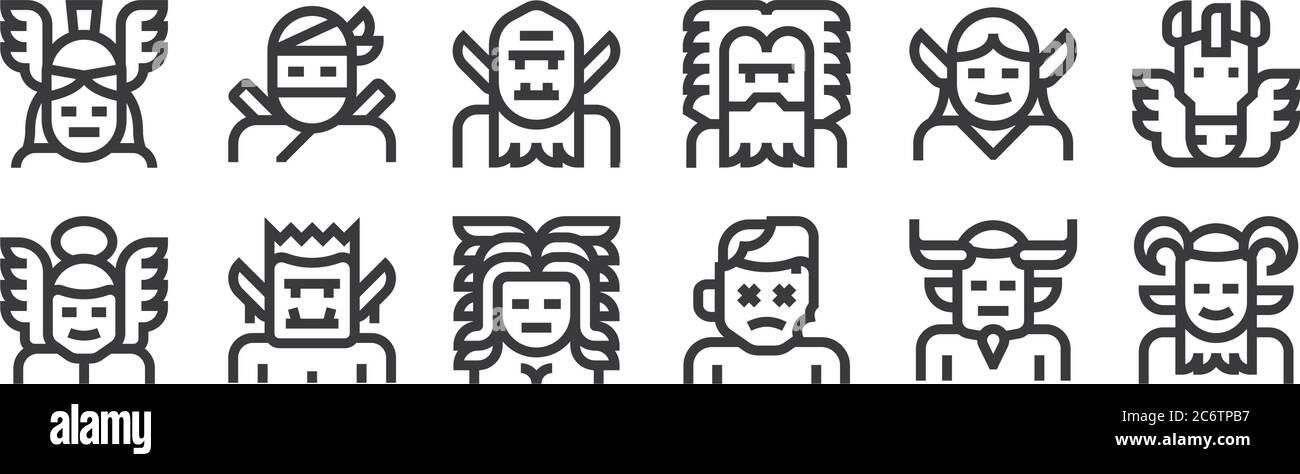 12 icônes linéaires fantastiques. icônes aux contours fins comme faun, zombie, orc, elf, troll, ninja pour le web, mobile Illustration de Vecteur
