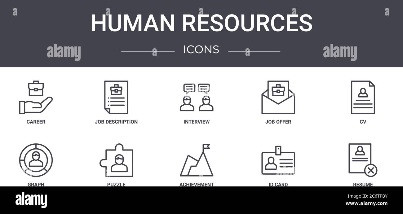 ensemble d'icônes de ligne de concept de ressources humaines. contient des icônes utilisables pour le web, le logo, l'interface utilisateur/ux, telles que la description de poste, l'offre d'emploi, le graphique, la réalisation, la carte d'identité, réf Illustration de Vecteur