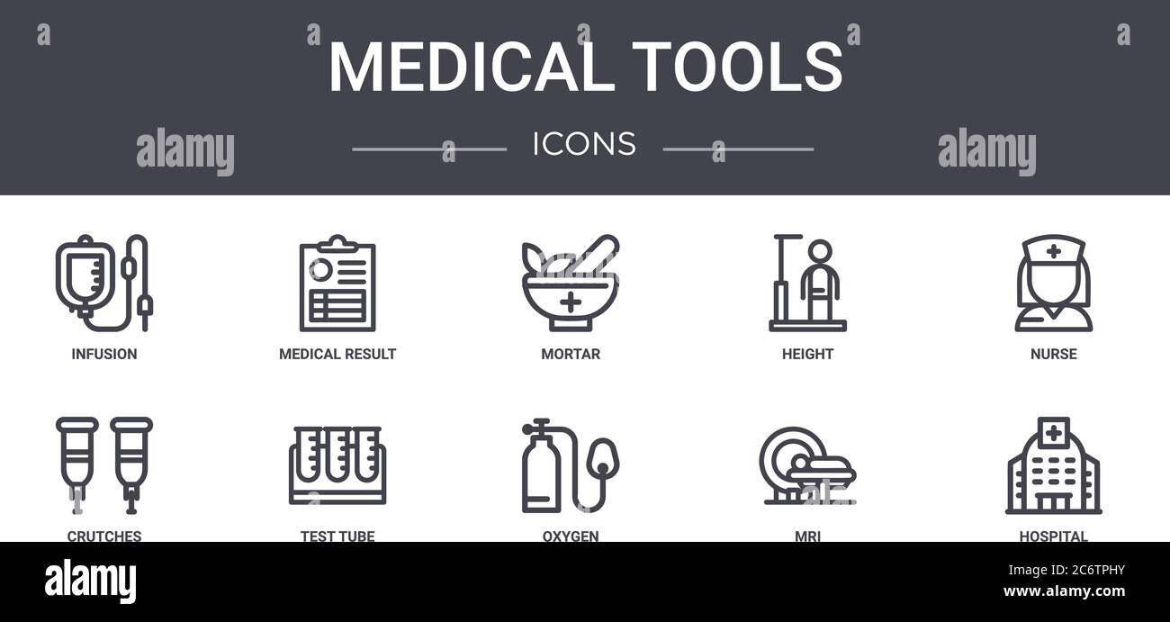 ensemble d'icônes de ligne de concept d'outils médicaux. contient des icônes utilisables pour le web, le logo, l'interface utilisateur/ux, telles que résultat médical, la hauteur, les béquilles, l'oxygène, l'irm, l'hôpital, nurs Illustration de Vecteur