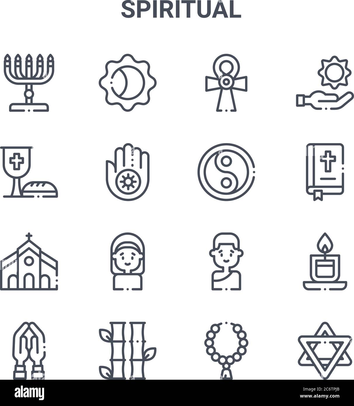 ensemble de 16 icônes de ligne de vecteur de concept spirituel. icônes 64x64 à traits fins telles que eclipse, vin, bible, bouddhiste, bambou, étoile de la navigation, rosaire, yin yang, Illustration de Vecteur