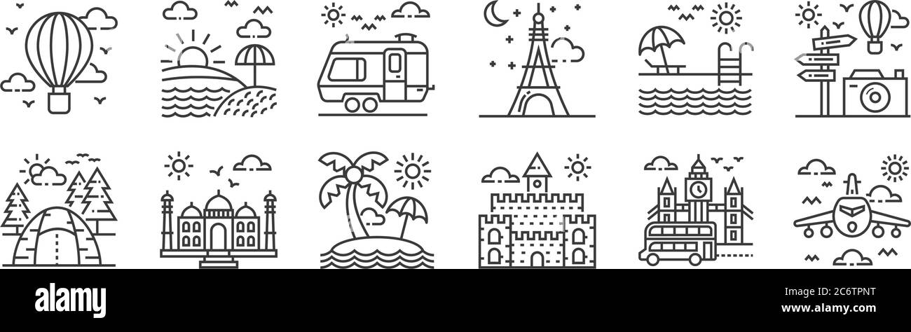 12 ensembles d'icônes de tourisme linéaire. icônes de contour mince comme l'avion, le château, taj mahal, piscine, caravane, lever du soleil pour le web, mobile Illustration de Vecteur
