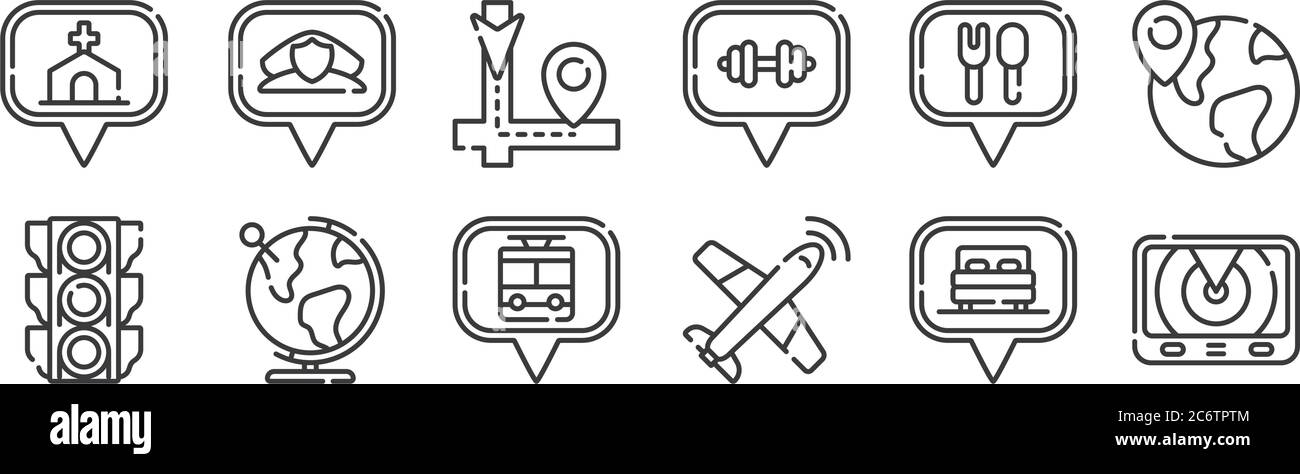 12 ensemble d'icônes de navigation linéaire et de cartes. icônes de contour mince telles que radar, avion, globe, restaurant, itinéraire, poste de police pour le web, mobile Illustration de Vecteur