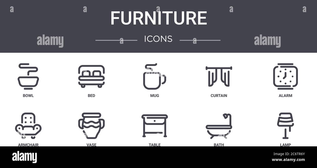 ensemble de lignes de présentation de mobilier. contient des icônes utilisables pour le web, le logo, ui/ux tels que lit, rideau, fauteuil, table, bain, lampe, alarme, mug Illustration de Vecteur