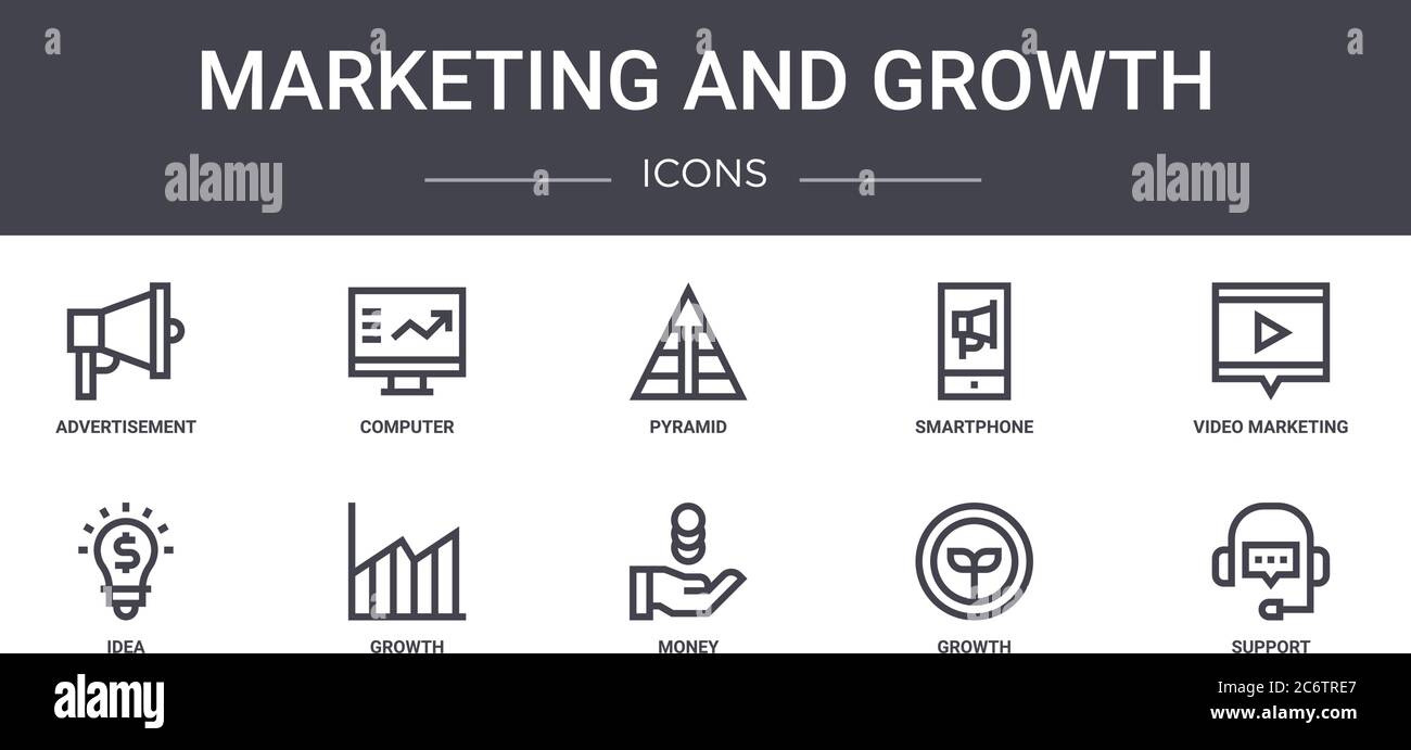 ensemble d'icônes de ligne de concept de marketing et de croissance. contient des icônes utilisables pour le web, le logo, l'interface utilisateur/ux tels que l'ordinateur, le smartphone, l'idée, l'argent, la croissance, le support, vi Illustration de Vecteur