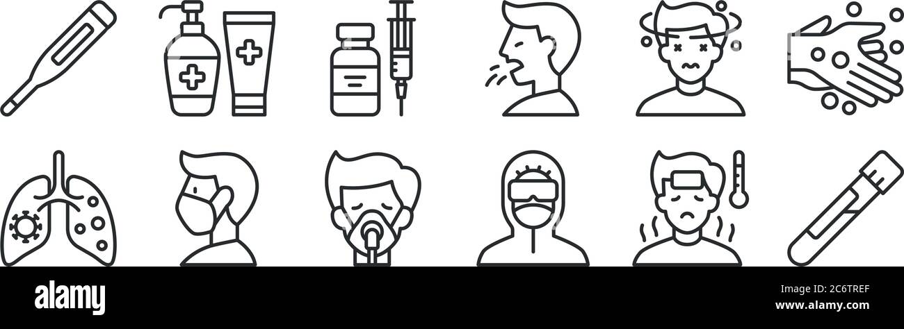 ensemble de 12 icônes de contour mince telles que tube à essai, vêtements de protection, masque médical, étourdissements, vaccin, gel d'alcool pour le web, mobile Illustration de Vecteur