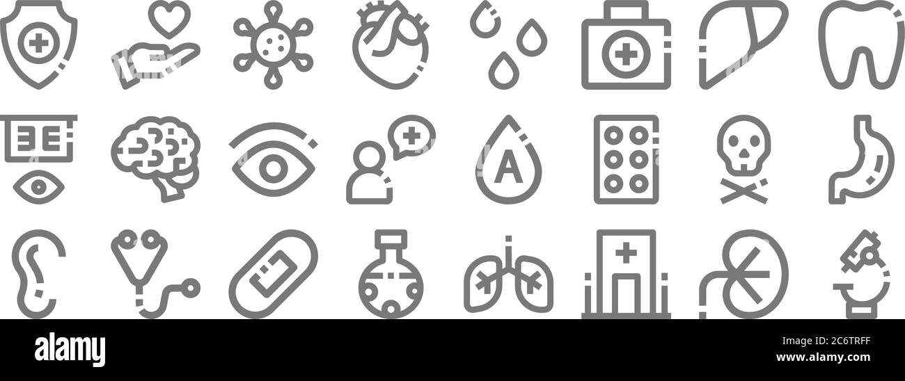 icônes de ligne médicale. set linéaire. ensemble de lignes vectorielles de qualité telles que microscope, hôpital, chimique, oreille, crâne, œil, dents, sang, soins de santé Illustration de Vecteur