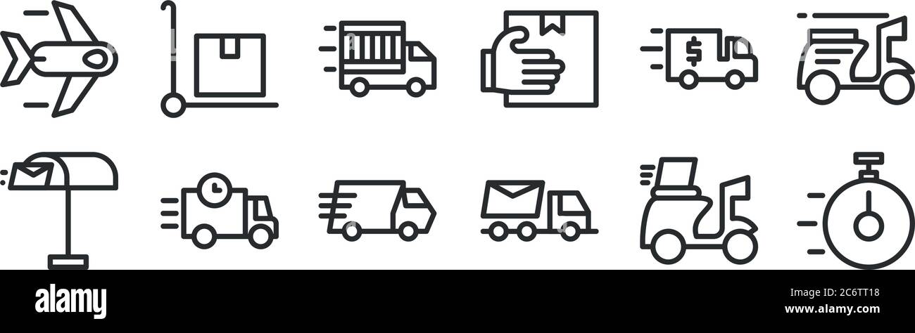 ensemble de 12 icônes de contour mince telles que l'heure, le camion, le camion, le camion, le paquet pour le web, le mobile Illustration de Vecteur