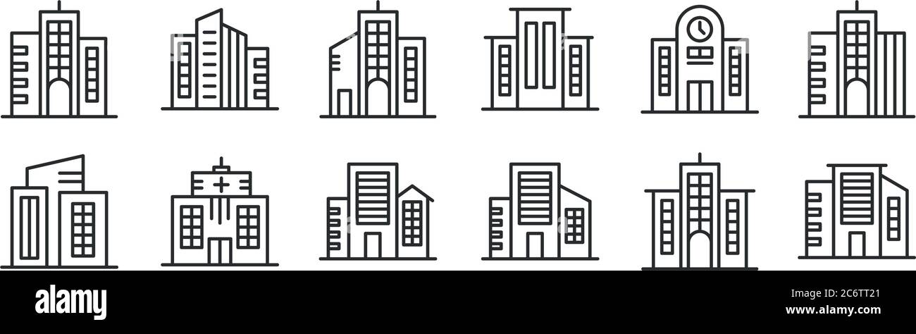 ensemble de 12 icônes de contour mince telles que bâtiment, bâtiment, bâtiment, pour le web, mobile Illustration de Vecteur