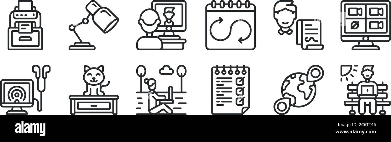 ensemble de 12 icônes de contour mince telles que le lieu de travail, la liste des tâches, chat, entrepreneur, vidéo conférence, lampe de bureau pour le web, mobile Illustration de Vecteur