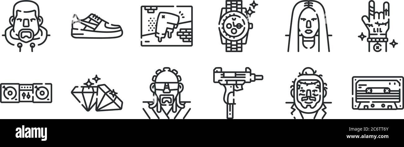 ensemble de 12 icônes à contour fin telles que cassette, uzi, diamant, hip hop, graffiti, baskets pour le web, mobile Illustration de Vecteur