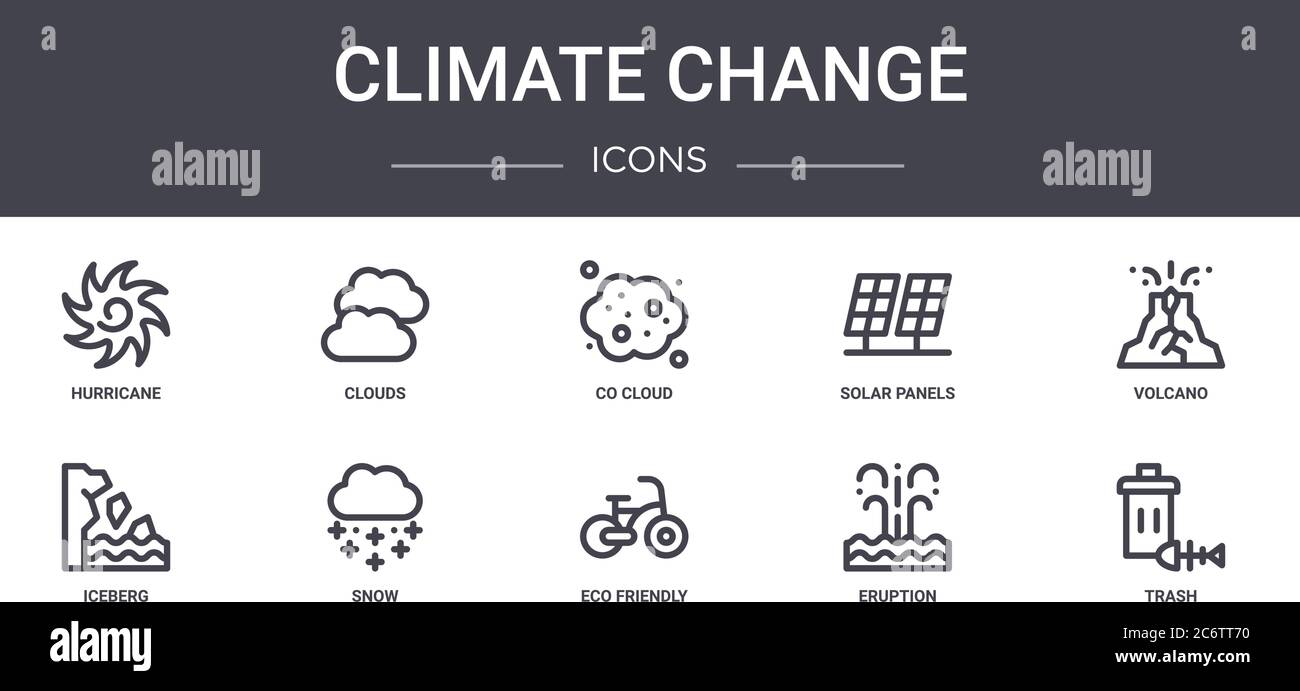 ensemble d'icônes de la ligne de concept du changement climatique. contient des icônes utilisables pour le web, le logo, l'interface utilisateur/ux comme les nuages, les panneaux solaires, l'iceberg, écologique, l'éruption, les déchets Illustration de Vecteur