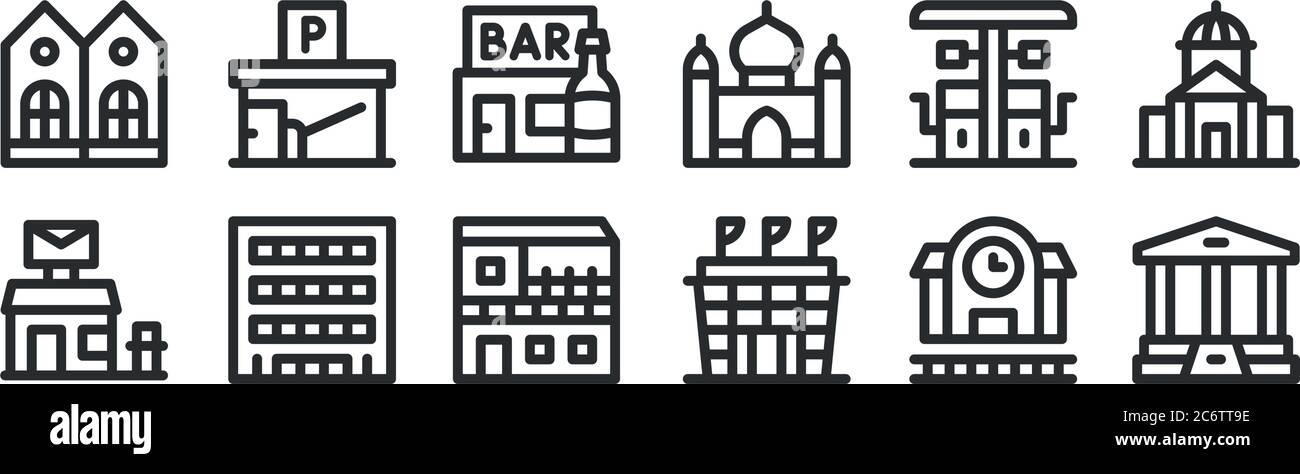 ensemble de 12 icônes de contour mince telles que banque, stade, manoir, station-service, bar, garage pour le web, mobile Illustration de Vecteur